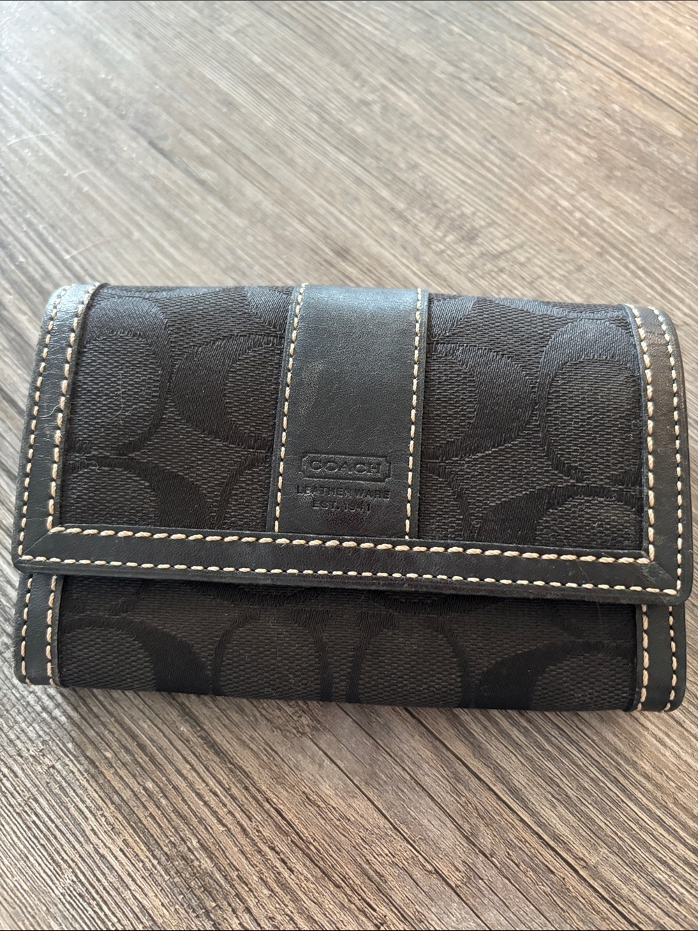 Coach Black Signature Canvas Tri-Fold Wallet with Contrast Stitching